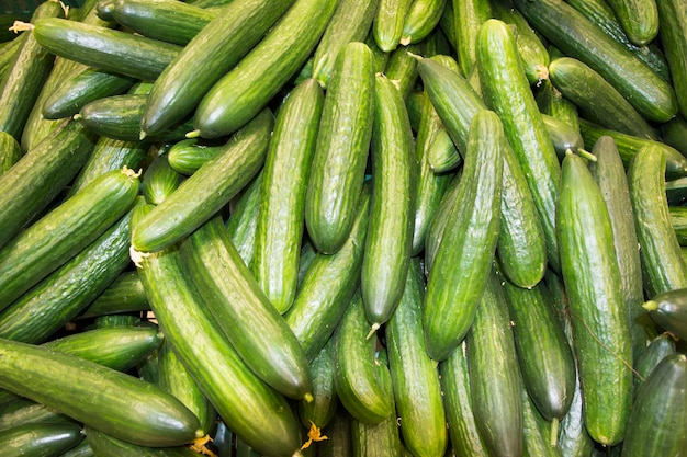 Groene lange komkommers liggen verspreid op een plank in de winkel