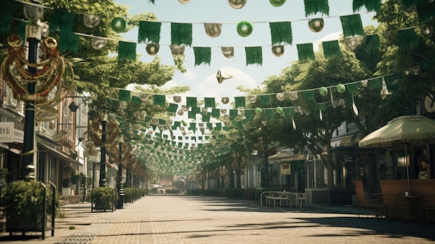 Groene lantaarns verlichten een levendig straatbeeld met stralend licht St. Patrick's Day