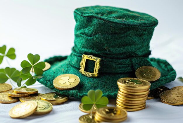 Groene leprechaun hoed op een stapel gouden munten St Patrick's Day ontwerp