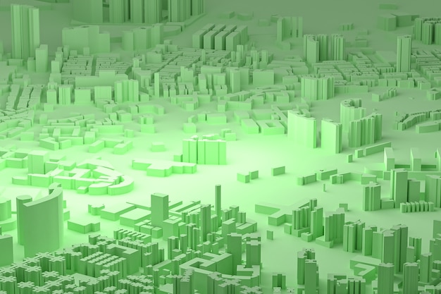 Groene luchtfoto van stadsgebouwen 3D-rendering groene kaart achtergrond