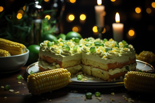 Groene maïscake versierd met vlaggen in een juni feest binnen generatieve IA