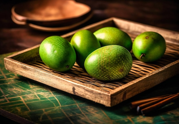 groene mango's op een houten dienblad