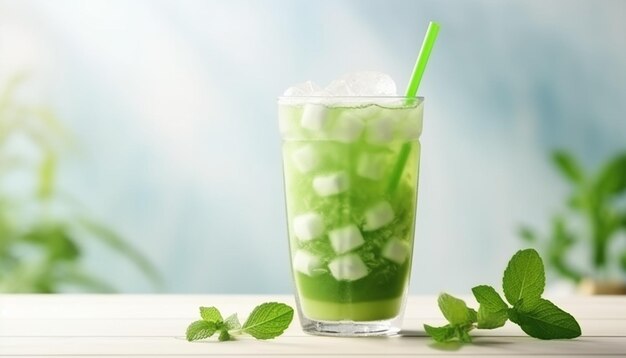 Groene matcha bubble tea met ijsblokjes in beker op witte houten tafel over lichtgroene achtergrond softlight Antioxidant en dieet veganistische cocktail voor gezond ontbijt of tussendoortje