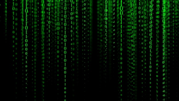 Groene matrixachtergrond Technologiestroom binaire code Digitale illustratie Programmering codering hacking en encryptie 3D-rendering