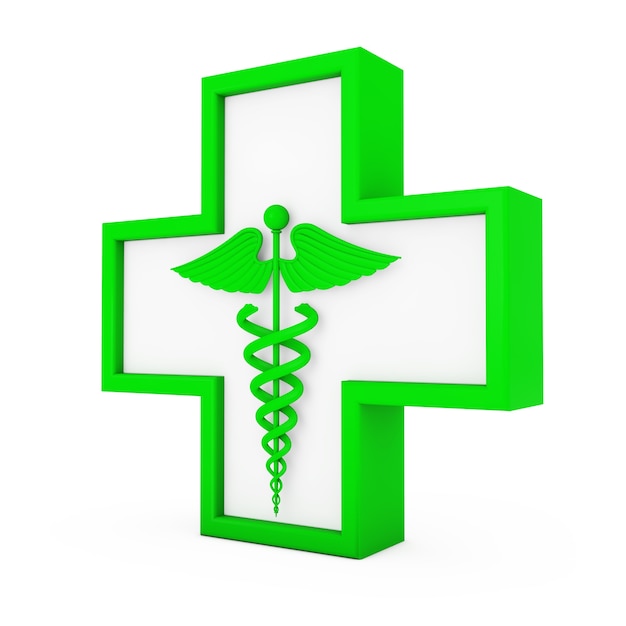 Groene medische Caduceus symbool in kruis op een witte achtergrond. 3D-rendering