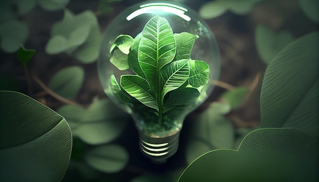 Groene milieuvriendelijke gloeilamp van verse bladeren bovenaanzicht concept van hernieuwbare energie en duurzaam leven Generatieve AI