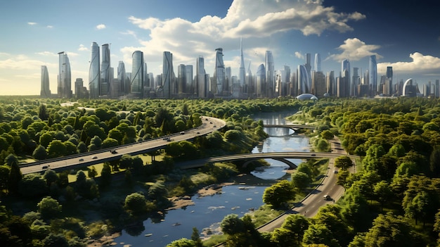 Groene milieuvriendelijke stad van de toekomst met veel groene planten en alternatieve energie