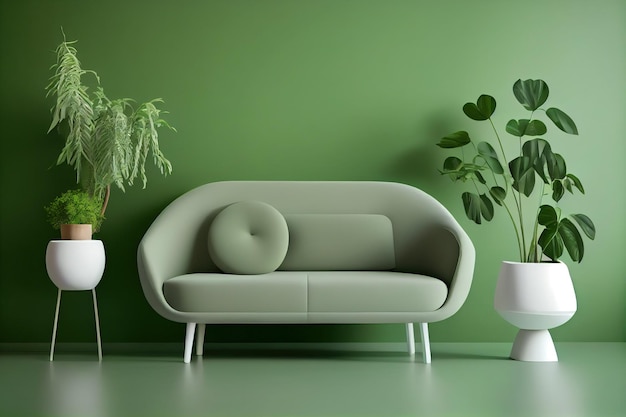 Groene moderne bank met twee witte potplanten 3D Rendering 3D Illustratie Generatieve AI