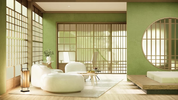 Groene moderne kamer interieur wabisabi stijl en sofa en decoratie japans