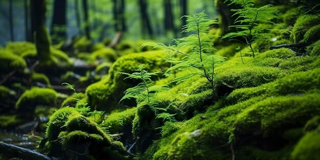 Groene mos close-up met een achtergrond van bossen Bos in het nationaal park