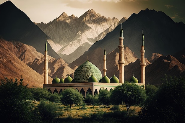 Groene moskee met bergen op de achtergrond, creatieve ai