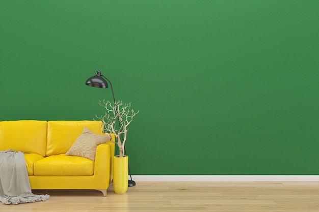 groene muur gele sofa kopie ruimte interieur woonkamer houten vloer