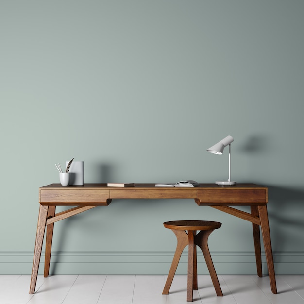 groene muur Kantoor met houten bureau ,, Scandinavisch, vormgegeven stockfotografie, moderne binnenruimte