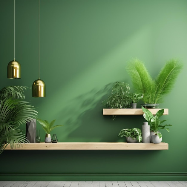 Groene muurmockup met groene plant en 3D-rendering van plank