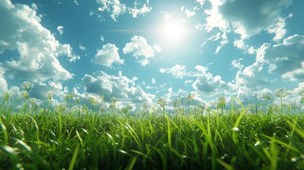 Groene natuur met blauwe hemel en witte wolken abstracte behang achtergrond voor Wereldmilieudag