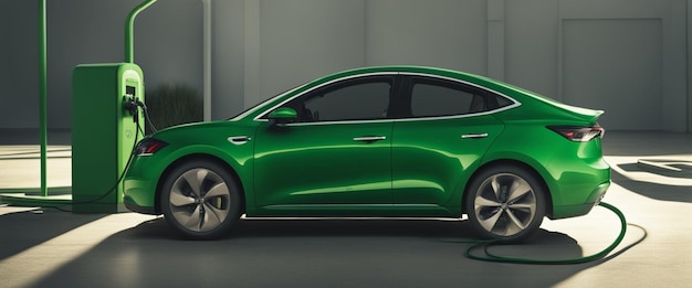 groene nieuwe ev elektrische auto geparkeerd in de straat illustratie generatieve ai kunst