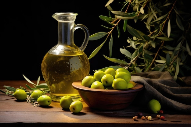 Groene olijven en olijfolie in een fles