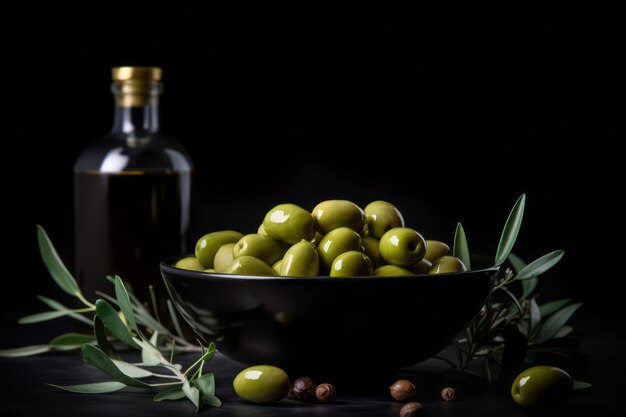 Groene olijven in een kom naast een fles olijfolie en bladeren op een zwarte achtergrond