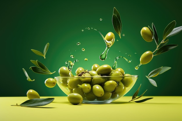 Groene olijven met groene bladeren en waterdruppels op een groene achtergrond