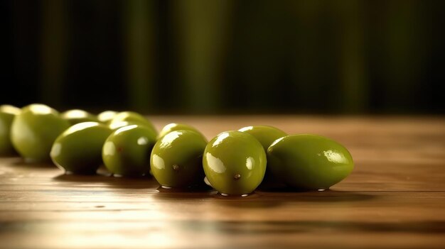 Groene olijven op een houten tafel met een groene achtergrond