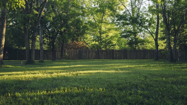 Groene omheinde achtertuin met bomen