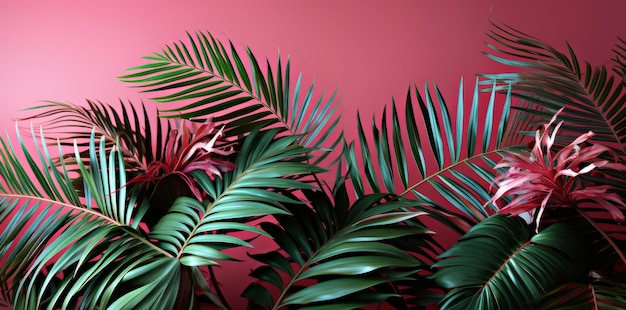 Groene palmbladeren op een roze basis