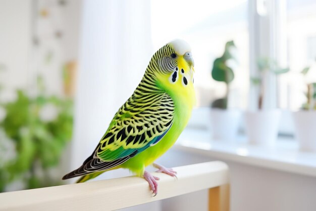 Groene papegaai in de huishoudelijke kamer