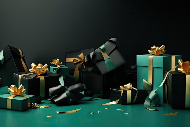 Groene papieren banner met gouden strikken en zwarte geschenkdozen promotie voor winkelen met korting