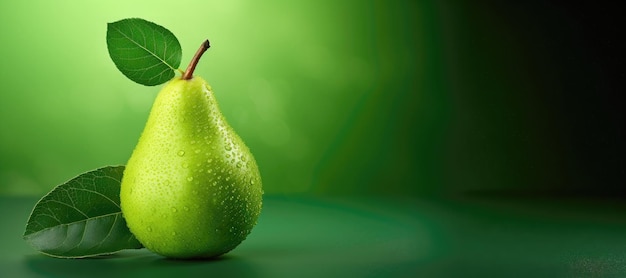 Groene peer met blad op groene achtergrond Kopieer ruimte voor uw tekst