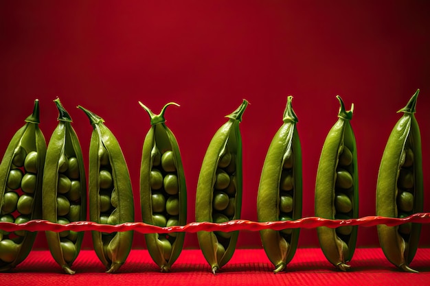 Foto groene peulen op een rode achtergrond frischheid en eenvoud generatieve ia