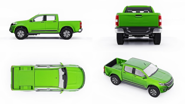 Groene pick-up auto instellen op een witte achtergrond. 3D-rendering.