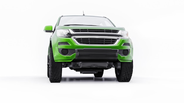 Groene pick-up auto op een witte achtergrond. 3D-rendering.