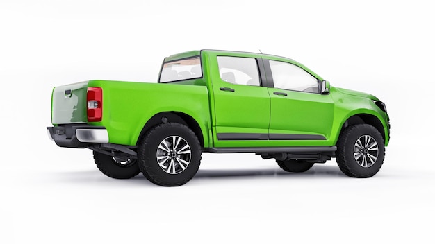 Groene pick-up auto op een witte achtergrond. 3D-rendering.