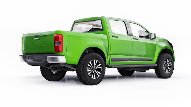 Groene pick-up auto op een witte achtergrond. 3D-rendering.