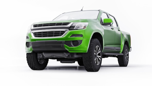 Groene pick-up auto op een witte achtergrond 3D-rendering