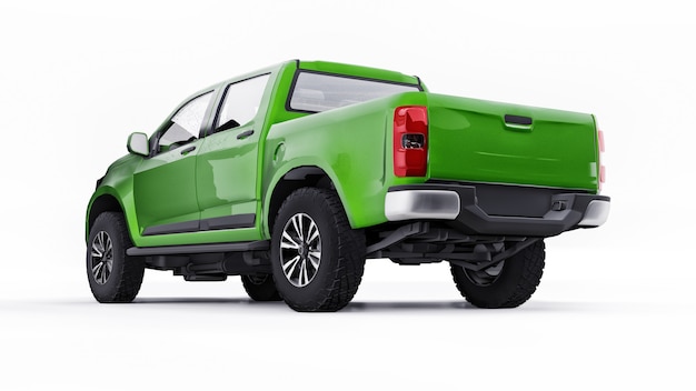 Groene pick-up auto op een witte achtergrond. 3D-rendering.