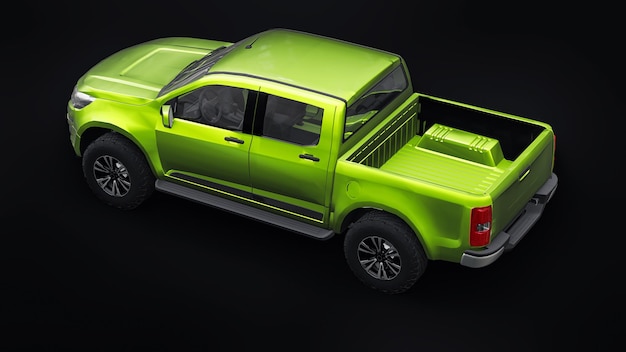 Groene pick-up auto op een zwarte achtergrond 3D-rendering