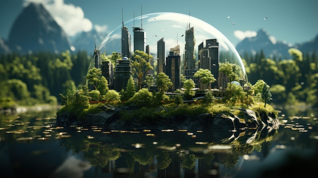 Foto groene planeet aarde bedekt met gras stads skyline milieuvriendelijke energie voor het milieu