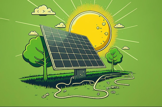 Groene planeet alternatieve energiebronnen zonnepanelen op de achtergrond van het groene weideart