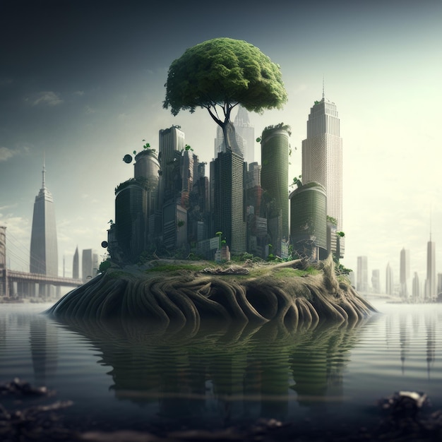 Groene planeet met wolkenkrabbers en groene boom op het eiland Generative AI