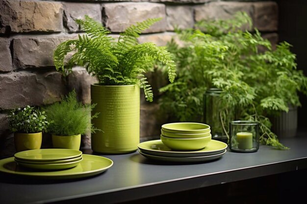 Groene plant en verschillende keukengoederen op tafel bij bakstenen muur Moderne interieurontwerp