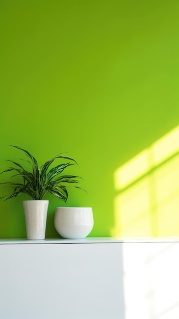 Groene plant in een pot Plank met een plant in een witte pot en groene muur achtergrond AI gegenereerd