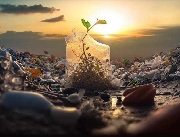 Groene plant ontspruit door plastic afval op vuilnisbelt afvalrecyclingconcept