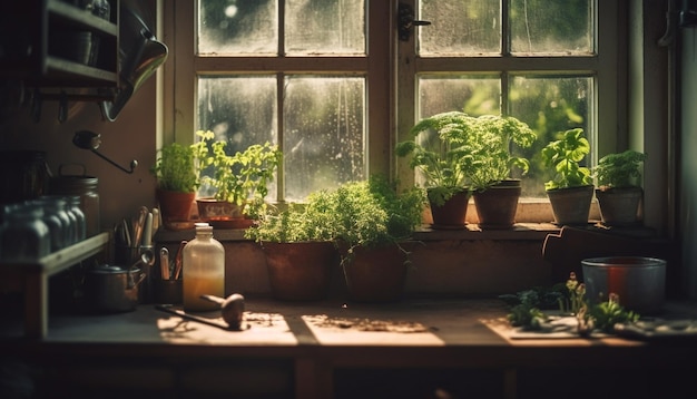 Groene planten brengen frisheid in rustieke keukens, gegenereerd door AI