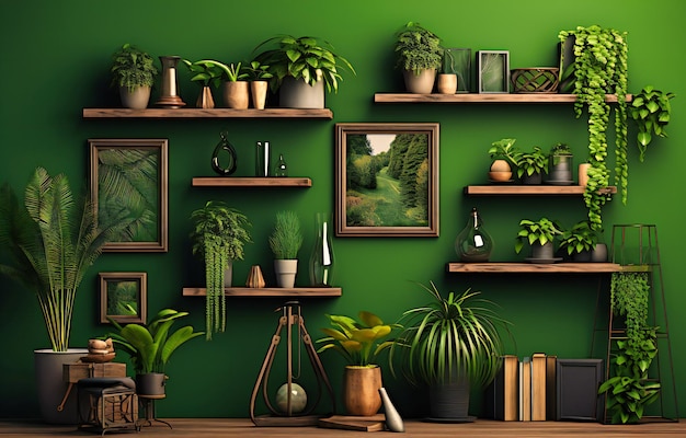 Groene planten fotolijsten en planken op een groene muur