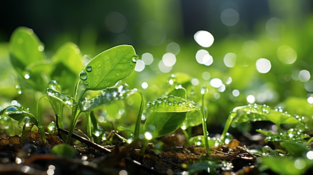 groene planten met waterdruppels erop in het zonlicht