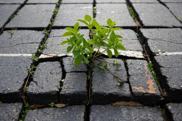 Foto groene planten sproeien door asfaltblokken.