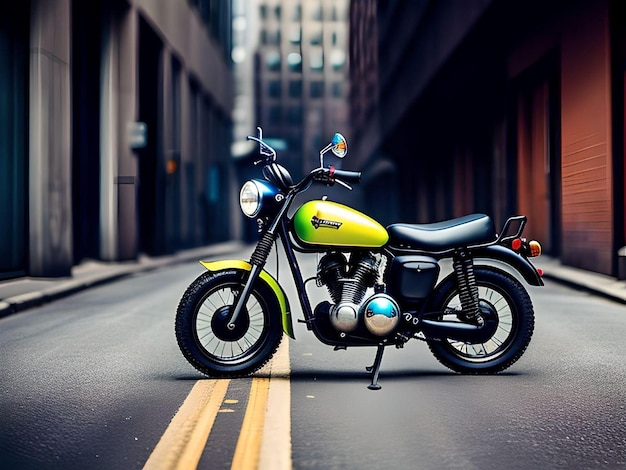 Groene Retro motorfiets in het midden van de straat tussen verlaten gebouwen illustratie