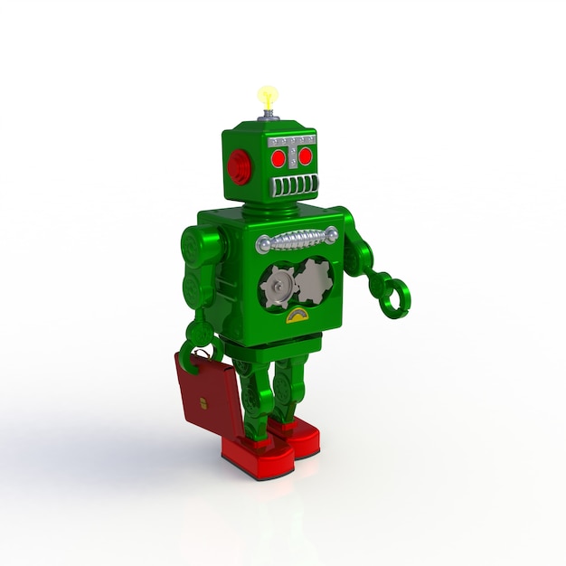 Groene retro robot die een aktentas 3d illustratie houdt