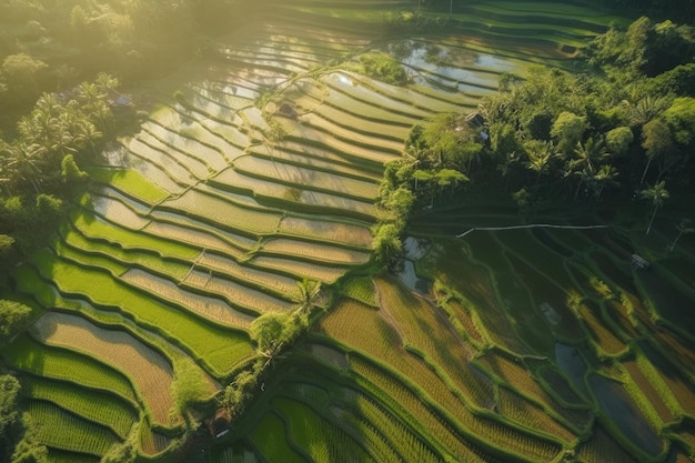 Groene rijstterrassen met warm ochtendzonlicht Illustratie AI GenerativexA